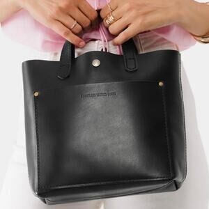 PORTLAND LEATHER GOODS | Black Smooth Leather Mini Crossbody Tote Stripe Strap